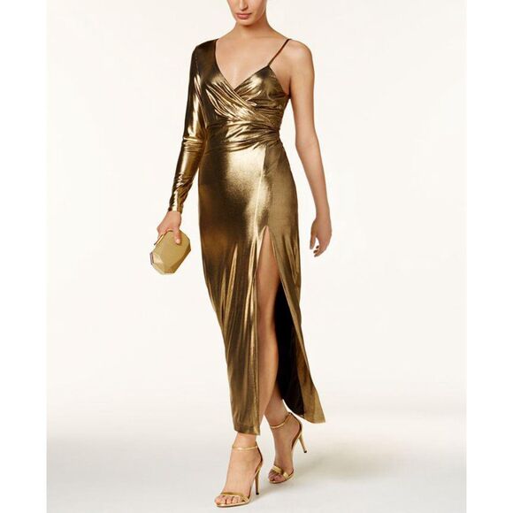 Bardot Side Slit Maxi One-shoulder Cocktail Gown Metallic Gold Size 10 Large - Picture 1 of 10